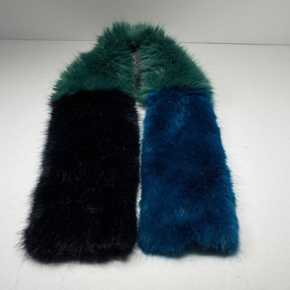 Avoca Faux Fur Scarf in Green, Blue, and Black